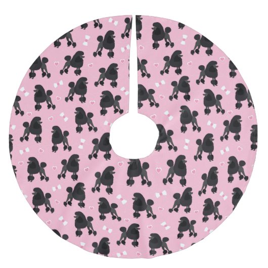 Schwarze Poodles und Bows Muster Pink Polyester Weihnachtsbaumdecke (Vorderseite)