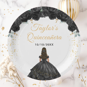 Schwarze Prinzessin Floral Quinceañera Pappteller