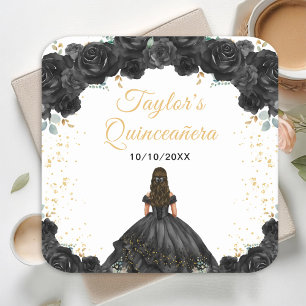 Schwarze Prinzessin Floral Quinceañera Rechteckiger Pappuntersetzer
