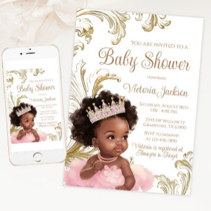 Schwarze Prinzessin Pink Gold Baby Shower Einladung