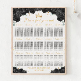 Schwarze Prinzessin Quinceañera 15 Tabelle Seating Poster