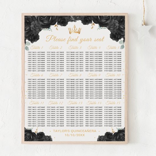Schwarze Prinzessin Quinceañera 15 Tabelle Seating Poster