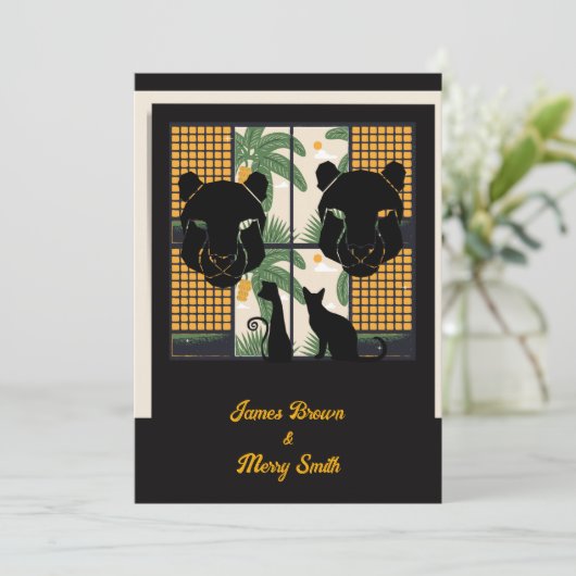 Schwarze Puma Maske Hauskatze Liebe Hochzeit Einladung (Stehend Vorderseite)