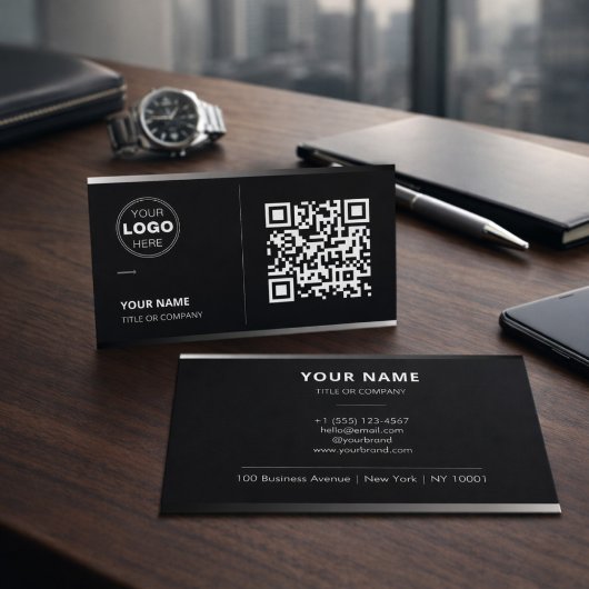 Schwarze QR-Code-Visitenkarte mit Logo | Modern Visitenkarte
