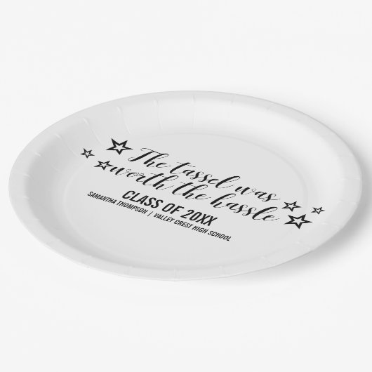 Schwarze Quaste wert Mühe-Abschluss-Papier-Teller Pappteller (Schrägansicht)