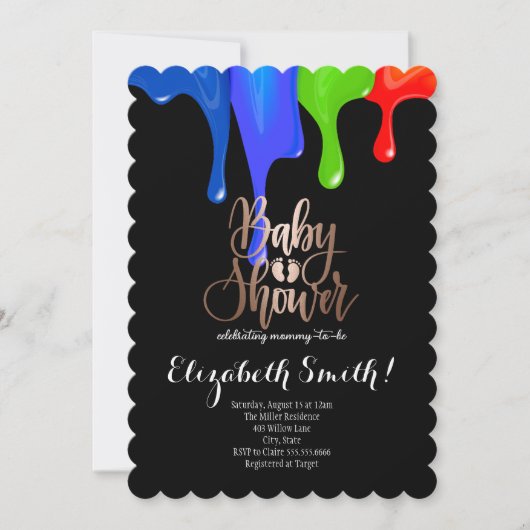 Schwarze, regenbogenfarbene Sterne Kinderdusche Ei Einladung (Vorderseite)