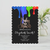 Schwarze, regenbogenfarbene Sterne Kinderdusche Ei Einladung (Stehend Vorderseite)