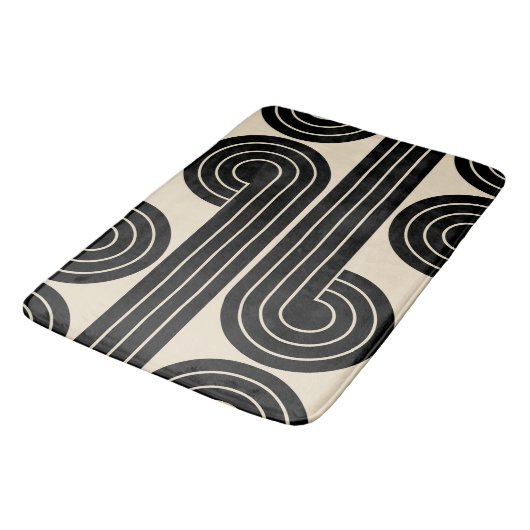 Schwarze Retro-Abstrakte Linien Badematte (Schrägansicht)