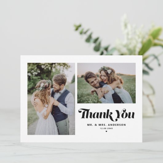 Schwarze Retro-Kalligrafie - Zwei-Foto-Hochzeit Dankeskarte (Stehend Vorderseite)