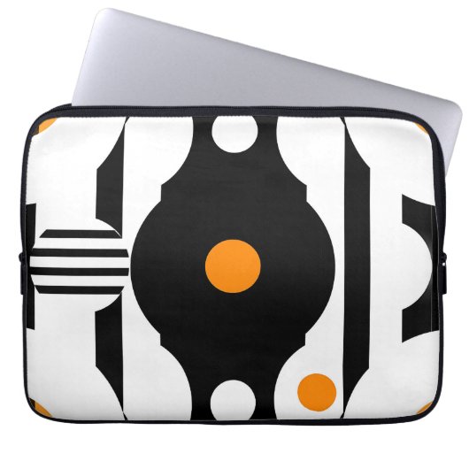 Schwarze Retro-Mod-Geometrie in Orange Laptopschutzhülle (Vorderseite)