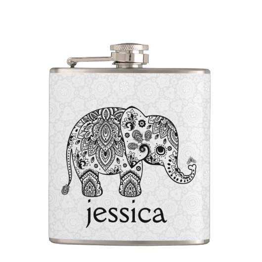 Schwarze Retro Paisley Elephant Illustration Flachmann (Vorderseite)