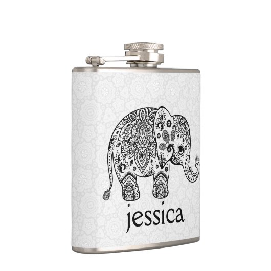 Schwarze Retro Paisley Elephant Illustration Flachmann (Rechts)