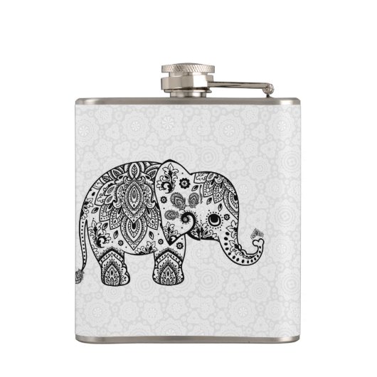 Schwarze Retro Paisley Elephant Illustration Flachmann (Rückseite)