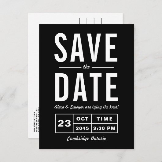 Schwarze Retro Typografie Navy Save the Date Ankündigungspostkarte (Vorne/Hinten)