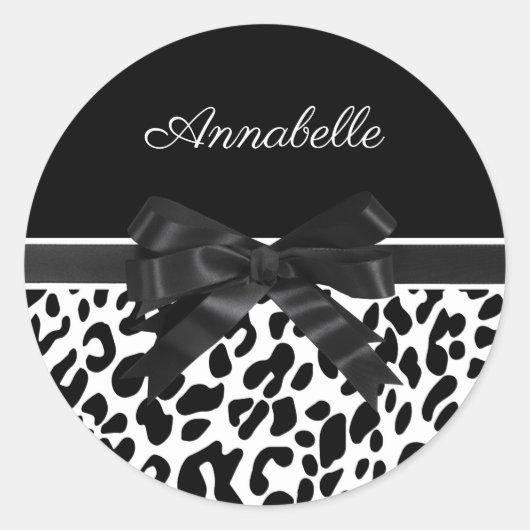 Schwarze Ribbon Leopard Print Runder Aufkleber (Vorderseite)