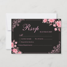 Schwarze & rosa Blumen-Hochzeits-RSVP-Karte