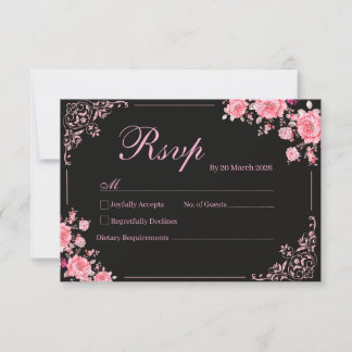 Schwarze & rosa Blumen-Hochzeits-RSVP-Karte RSVP Karte