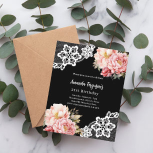 Schwarze rosa Blumen-Lace-Geburtstagseinladung