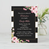 Schwarze rosa Blumenstreifen-Widmungs-Einladung Einladung (Stehend Vorderseite)