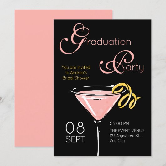 Schwarze rosa fancy Cocktail-Abschlussfeier Einladung (Vorne/Hinten)