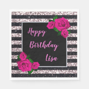Schwarze rosa Glitterstreifen Rosen Geburtstag Serviette
