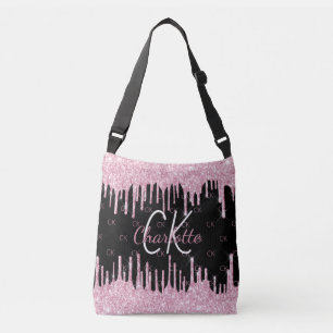 Schwarze rosa Glittertropfen-Monogramm elegant Tragetaschen Mit Langen Trägern