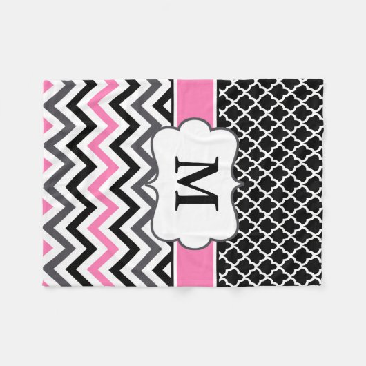 Schwarze rosa Quatrefoil Zickzack Monogramm-Decke Fleecedecke (Vorderseite (Horizontal))