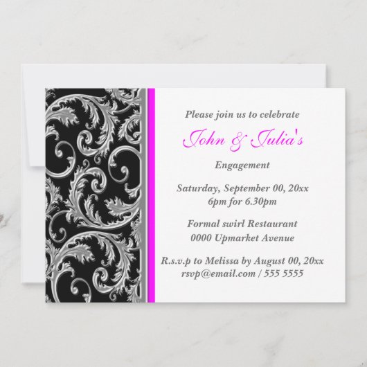Schwarze rosa Strudel-Verlobungs-Jahrestag Einladung (Vorderseite)