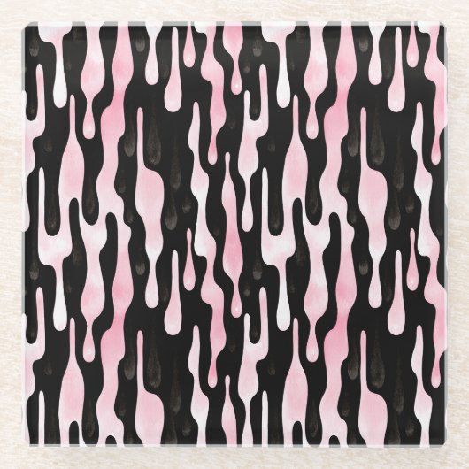 Schwarze rosa Tropfen Glasuntersetzer (Vorderseite)