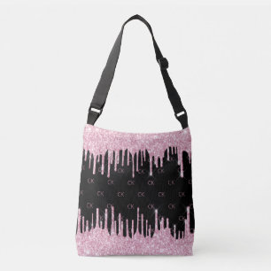 Schwarze rosa Tropfen Monogramm elegant Tragetaschen Mit Langen Trägern