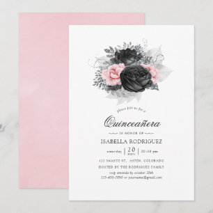 Schwarze rosa und silberne Vintage-Rosen Quinceañe Einladung