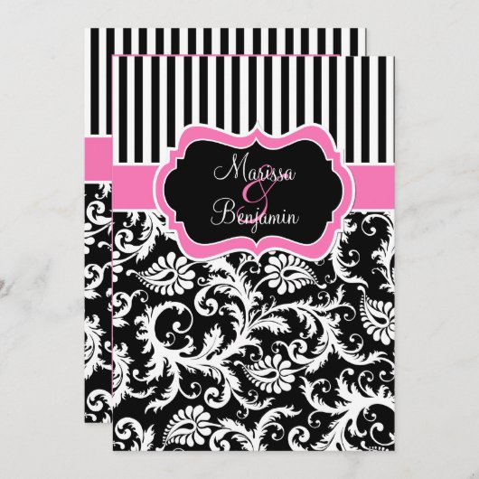 Schwarze rosa weiße gestreifte Damast-Hochzeit Einladung (Vorne/Hinten)