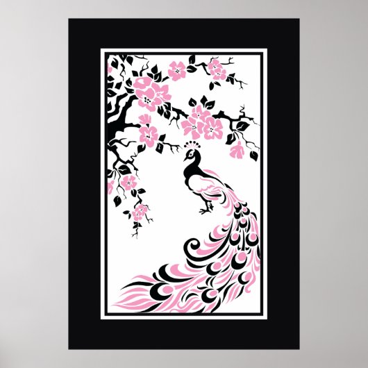 Schwarze, rosa, weiße Pfauenblüten und Kirschblüte Poster (Vorne)