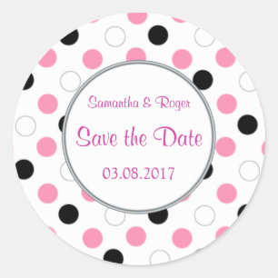 Schwarze, rosa, weiße Polka-Punkte Save the Date Runder Aufkleber