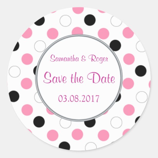 Schwarze, rosa, weiße Polka-Punkte Save the Date Runder Aufkleber (Vorderseite)