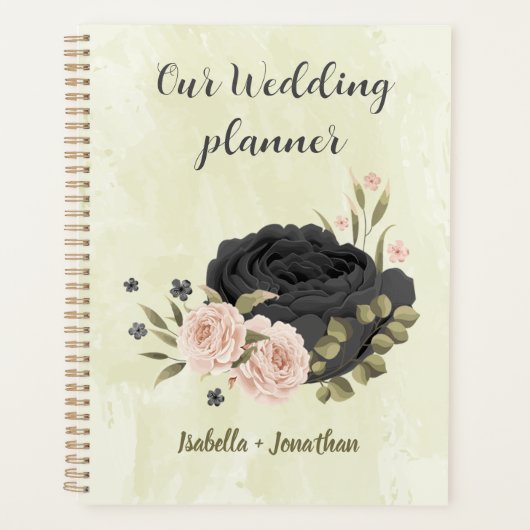 schwarze rosafarbene Blumen Hochzeit Planer (Vorderseite)
