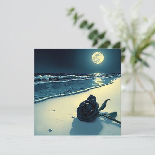 Schwarze Rose am Strand mit Vollmond Karte (Stehend Vorderseite)