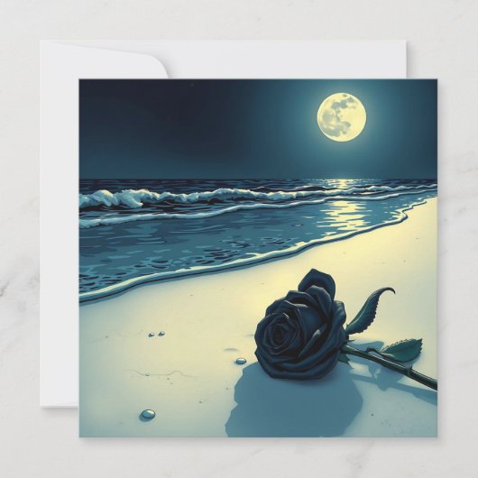 Schwarze Rose am Strand mit Vollmond Karte (Vorderseite)