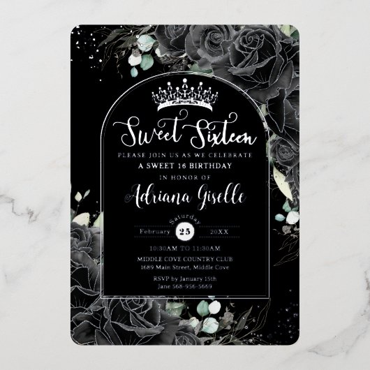 Schwarze Rose Bläserschwarz Silber Sweet 16 Geburt Folieneinladung (Vorderseite)