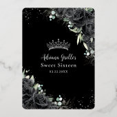 Schwarze Rose Bläserschwarz Silber Sweet 16 Geburt Folieneinladung (Rückseite)