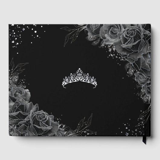 Schwarze Rose Blumenkleid Silver Quinceañera Gästebuch (Rückseite)