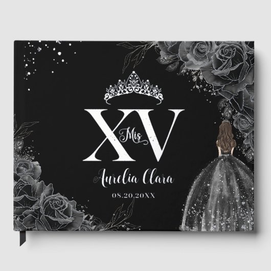 Schwarze Rose Blumenkleid Silver Quinceañera Gästebuch (Vorderseite)