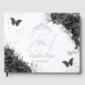 Schwarze Rose Blumenschmetterlinge Silver Quinceañ Gästebuch (Vorderseite)