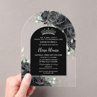 Schwarze Rose Blütensilber Quinceanera Sweet 16 Acryleinladungen