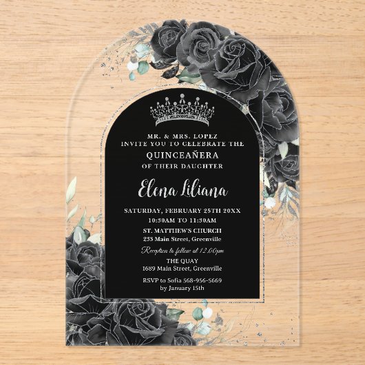 Schwarze Rose Blütensilber Quinceanera Sweet 16 Acryleinladungen (Vorderseite)
