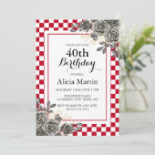 Schwarze Rose Burgund & White Checkered Geburtstag Einladung (Stehend Vorderseite)