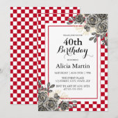 Schwarze Rose Burgund & White Checkered Geburtstag Einladung (Vorne/Hinten)