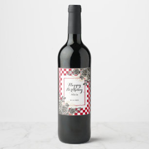 Schwarze Rose Burgund & White Checkered Geburtstag Weinetikett