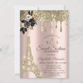 Schwarze Rose Eiffelturm Gold Tropfen Sweet 16 Einladung (Vorderseite)