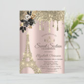 Schwarze Rose Eiffelturm Gold Tropfen Sweet 16 Einladung (Stehend Vorderseite)